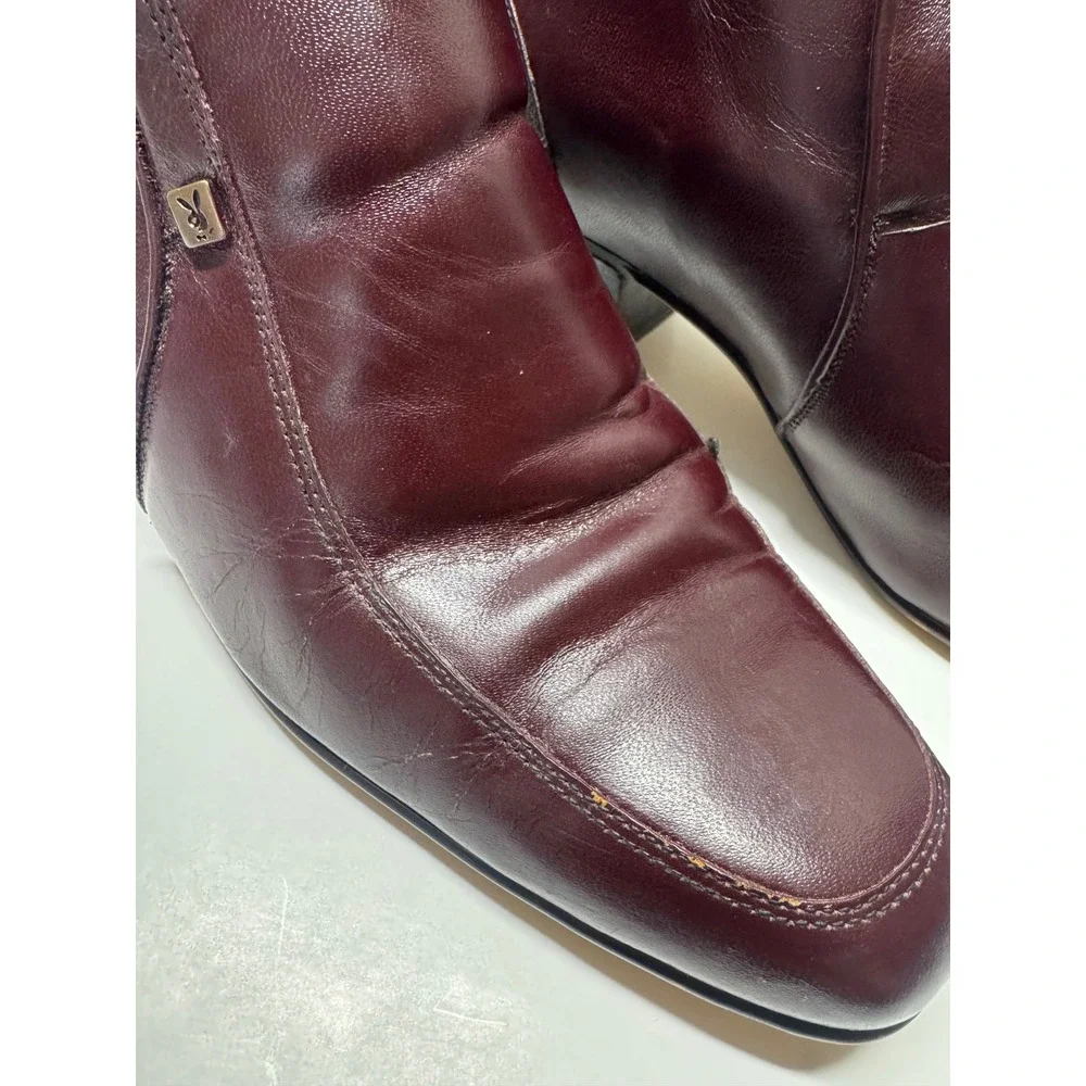 Vintage Playboy Mens Burgundy Leather Square Toe‎ Ankle Boots Block Heel 7.5 D